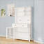 Armoire de rangement autoportante avec comptoir pour four à micro-ondes, 3 tablettes réglables, 5 portes en verre et grand tiroir blanc