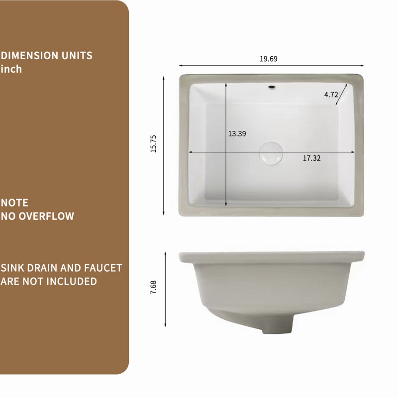 Undermount White Ceramic Rectangular Bathroom Sink, Acid , , 19.75 In Depth, 7.51 Height Milk Vessel Non - Yellowing, Smooth Finish, 16.09 Width, 19.43 Lb Weight
