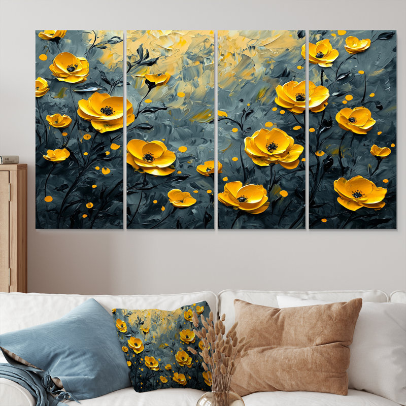 «Yellow Love Blossom Of Roses Field II» - Art mural - Ensemble de décoration murale, H 28 po x l 48 po, 4