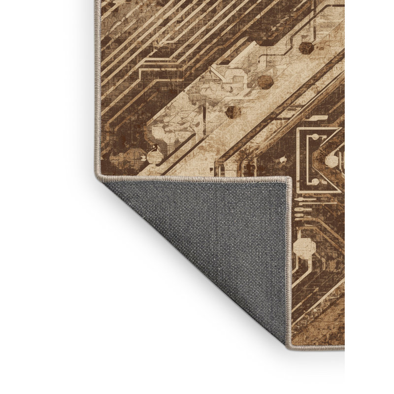 Soft Plush Polett Quantum Computer Circuit Modern Rustic Vintage Look Area Rug in Brown – Beige Binding, 8x12