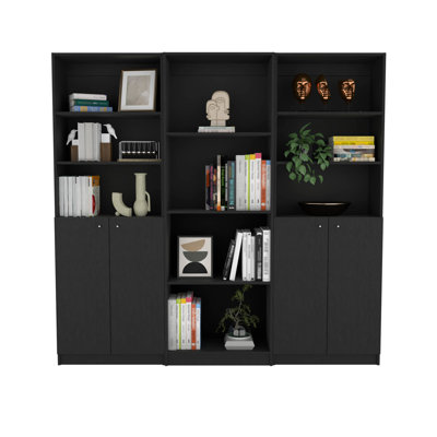 Ensemble de bibliothèque Hialeah 3 pièces, 74 po de largeur avec 10 tablettes et deux armoires à deux portes, ensemble de salon noir