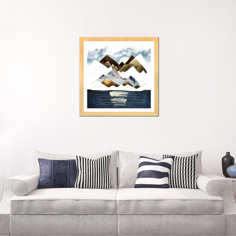Minimal Abstract Mountains - impression d'art graphique, H 24 po x l 24 po x P 1 po, Blanc, Toile avec cadre en bois beige
