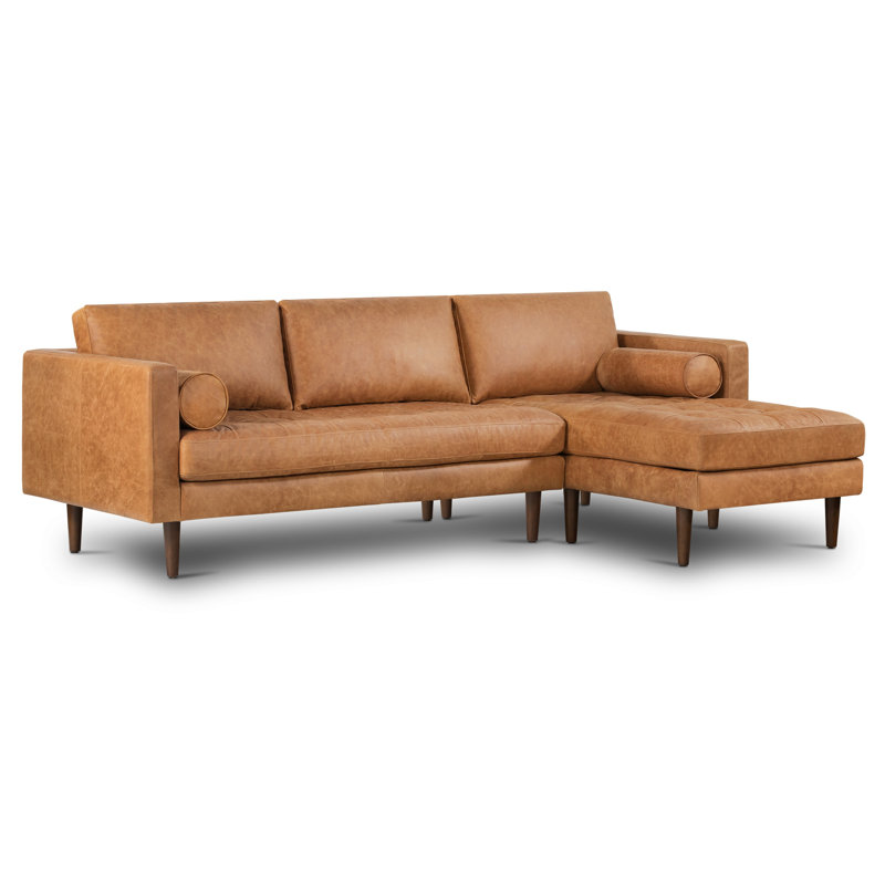 Napa Full-Grain Genuine Italian Leather Sectional, Right Hand Facing, Cognac Tan Genuine Leather