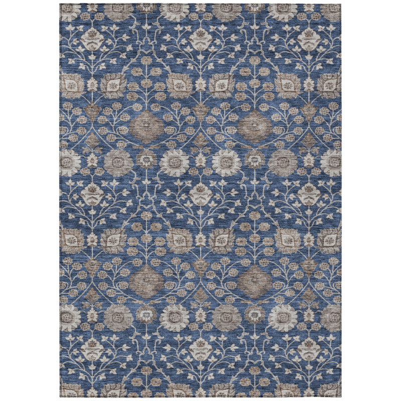Tapis extérieur lavable floral bleu marine et beige 5 pi x 8 pi