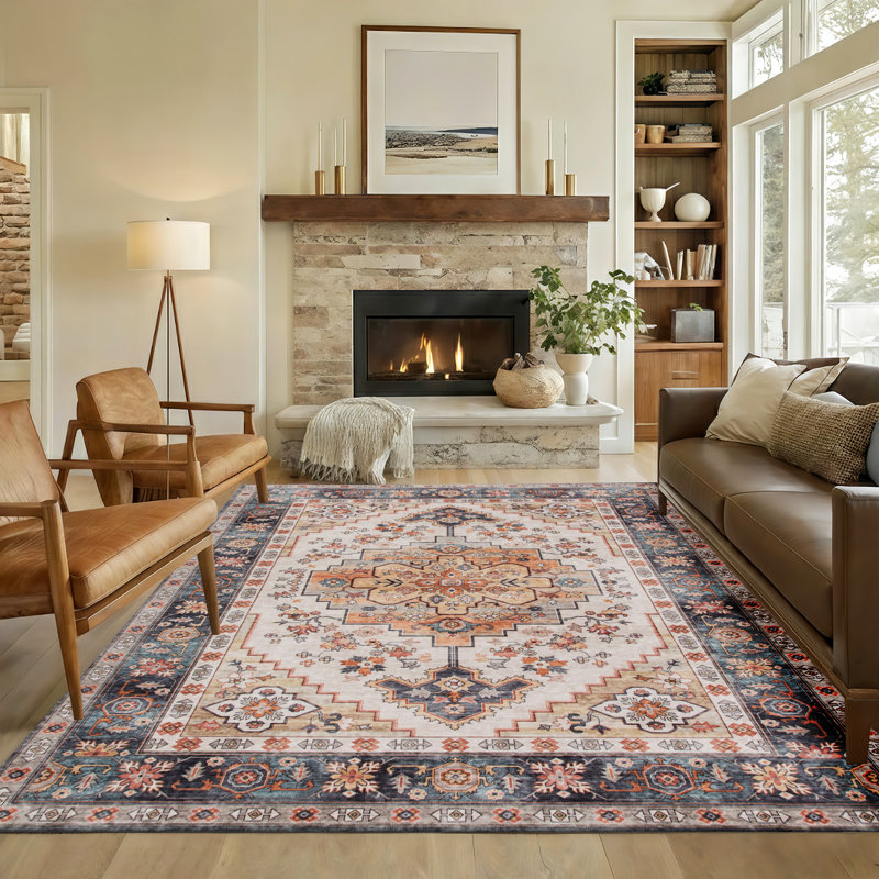 Washable Area Rug,  Vintage Indoor Distressed Carpet, Retro Floor Cover Foldable, Floral Print Mat for Living Room, Bedroom, Dining Room, Tawny Brown
