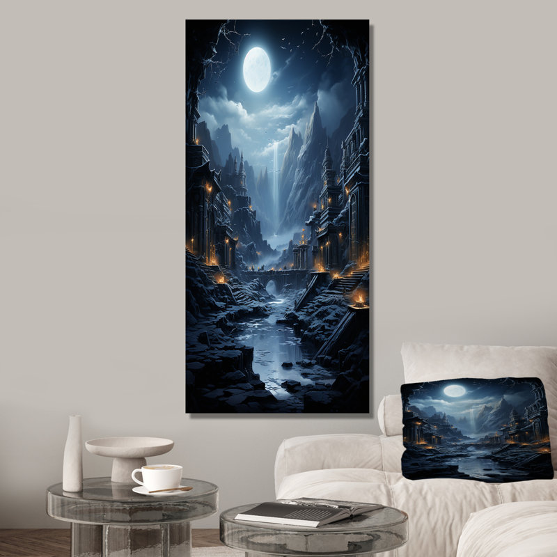 Moonlit Cliffside Mistery Landscape II - lune, art mural, Toile tendue, 32" H x 16" W