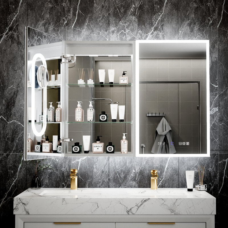 20 po x 32 po, armoire intelligente, salle de bain, double éclairage, contrôle de la luminosité, armoire à pharmacie intégrée de conception intégrée avec façade avant et rétro-éclairée, prise de courant haute et gradation continue
