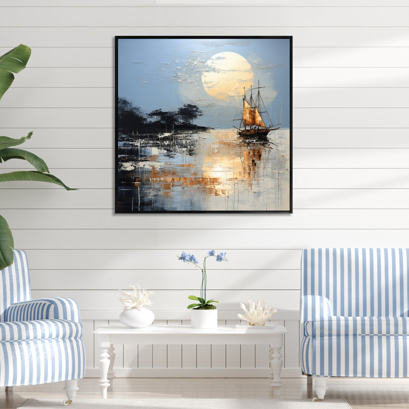 Minimalisme, paysage de pirate bleu et blanc I sur toile, H 16 po x l 16 po x P 1 po, Cadre flottant noir