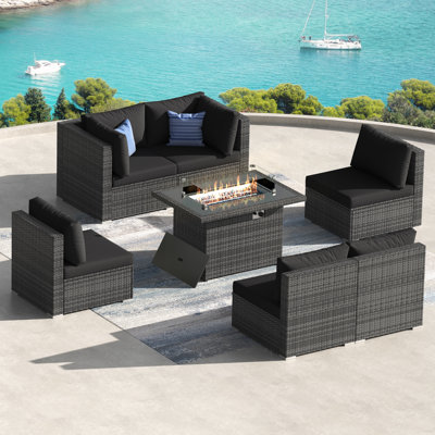 Ensemble de conversation pour patio 7 pièces en osier avec haut foyer et table basse