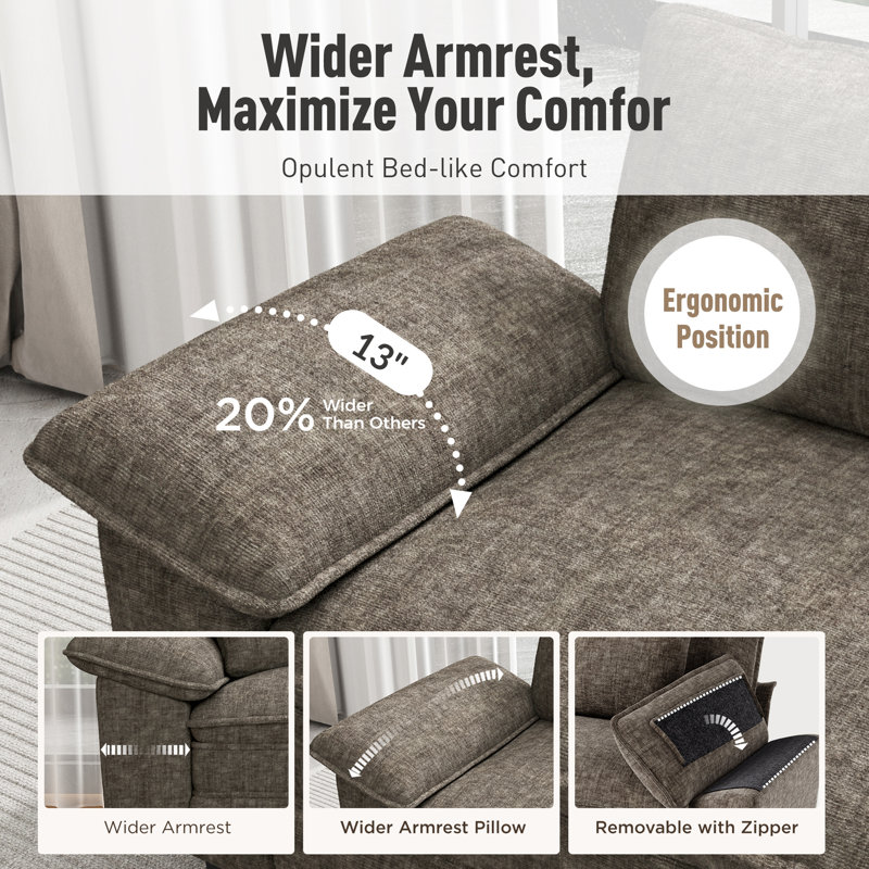 158" Modular Sectional Sofa with Ottoman, Oversized L-Shaped Deep Seat Couch with Wide Removable Armrests, Ash Chenille