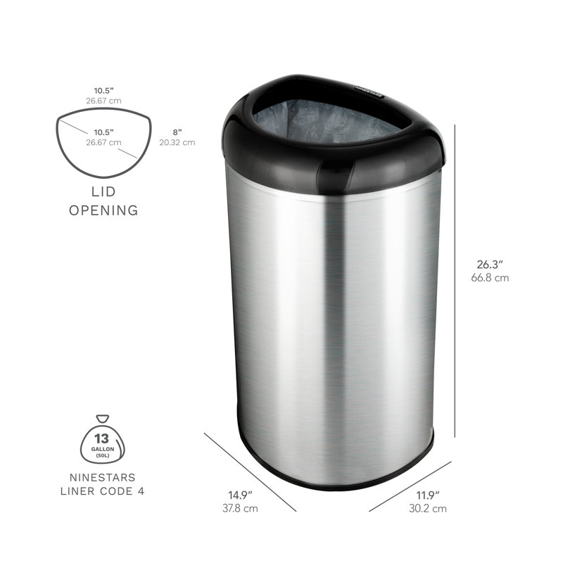Poubelle à couvercle en acier inoxydable Nine Stars 13,2 gallons, Noir, noir, noir, noir