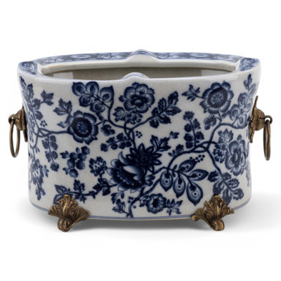 Porcelain Oval Planter With Bronze Ormolu Blue And White Flower