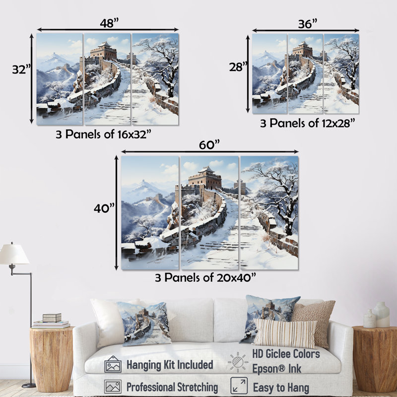 Grande muraille de Chine en hiver 2 - Art mural Chine, Toile tendue, H 28 po x l 36 po x P 1 po