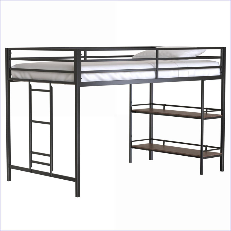 Twin Size Metal Loft Bed Frame with Cinnamon Shelf - Black, Space Saving, No Box Spring Needed for Bedroom