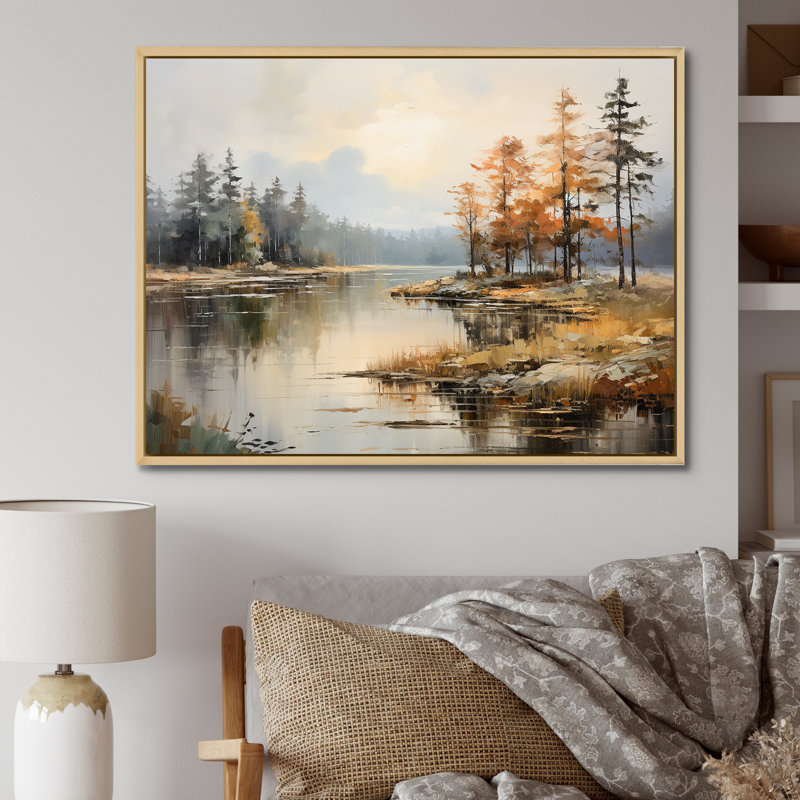 «Lakeside Fall Foliage Serenity II - Lake River», art mural, H 12 po x l 20 po x P 1 po, Cadre naturel flottant