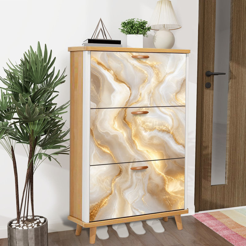 Armoire de rangement pour chaussures avec 3 tiroirs rabattables pour luxueux marbres dorés fluides à encre liquide Art moderne et élégant
