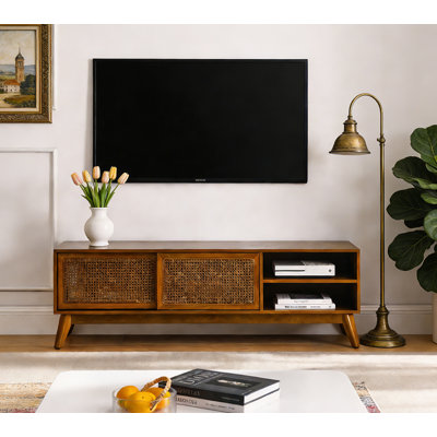 Vintage Rattan TV Stand for 65 Inch TV with Storage & Adjustable Feet