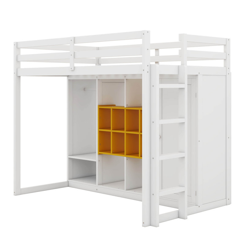 Lit mezzanine simple en bois avec garde-robe, tablettes et armoire, cadre de lit multi-rangement peu encombrant, Simple