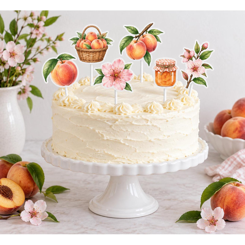 Little Peach Orchard Cake Decorations, Peach Blossom Basket Baby Shower Toppers, Cardstock Picks