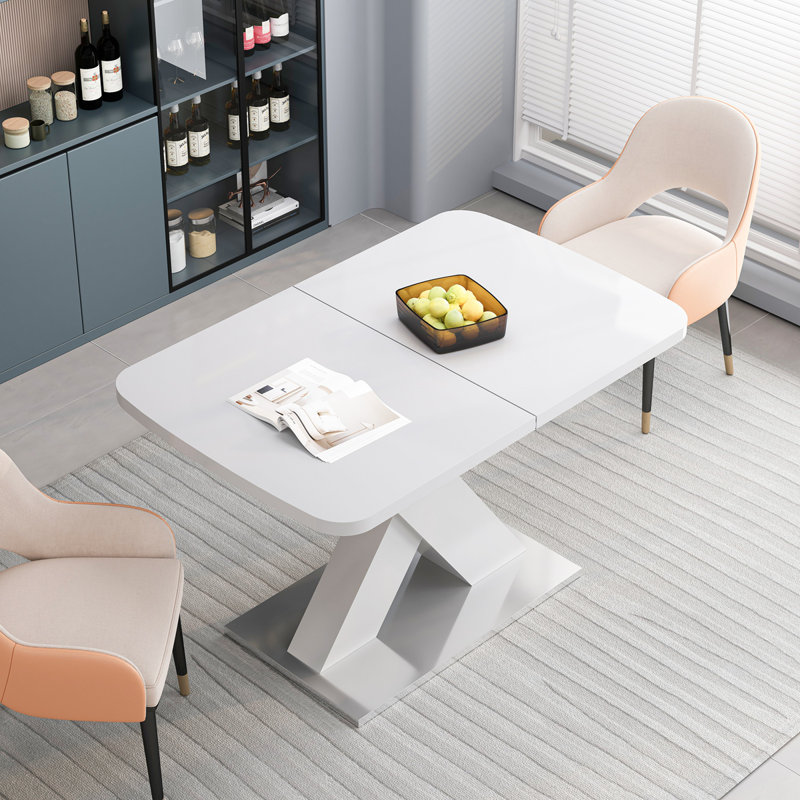 Modern Square Dining Table, Stretchable Table Top+MDF X-Shape Table Leg With Metal Base