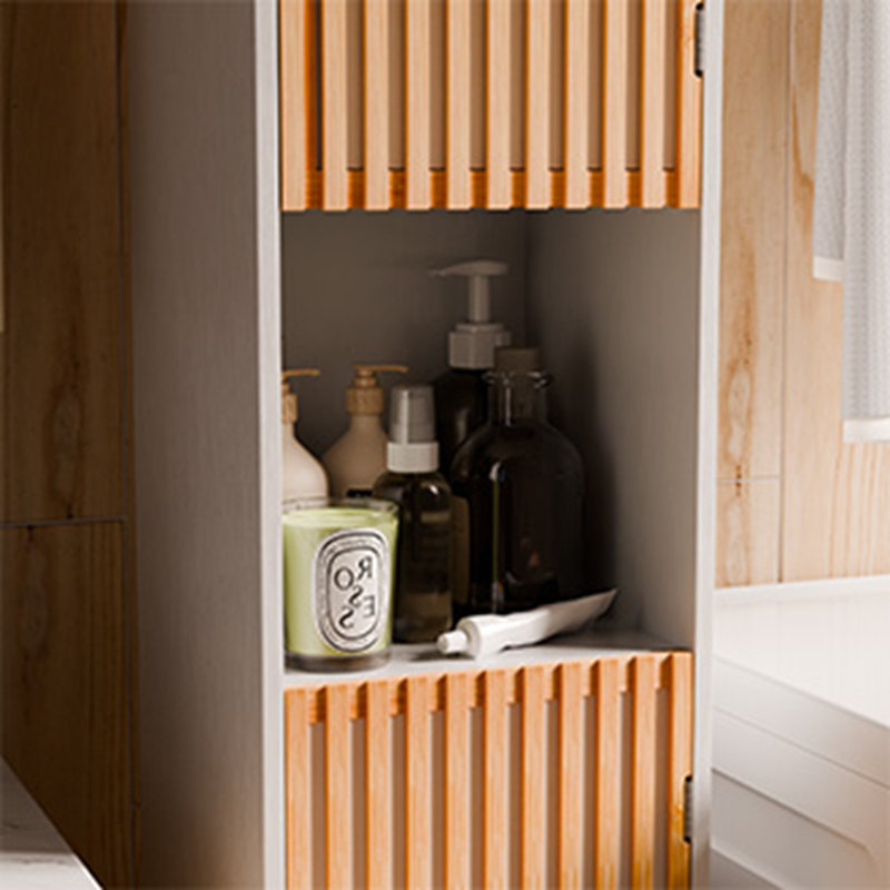 Bathroom Tall Storage Cabinet With Bamboo Slats Door - Natural/White
