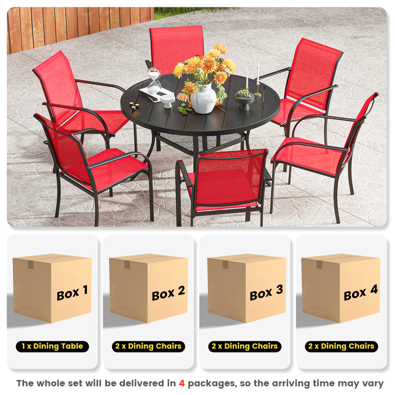 Devalious 6 - Person Patio Dining Set with Round Table, Black/Red/Black