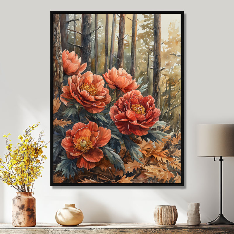 Pe pivoines parmi les pins d'automne I - pivoines, reproduction d'art sur toile encadrée, H 20 po x l 12 po, Noir