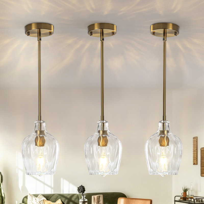 Luminaire suspendu 1 lumière en verre transparent à ondulation à intensité variable, Brushed Gold