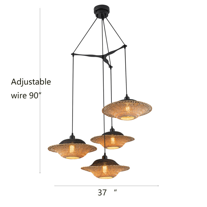 Cascade 4-Light Cluster Pendant Light Natural Rattan Shade Coastal Chic Chandelier In Matte Black