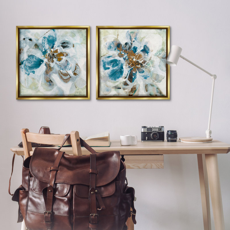 Ensemble de 2 toiles flottantes bleu sarcelle avec pétales de fleurs abstraites par Liz Jardine, H 25 po x l 25 po