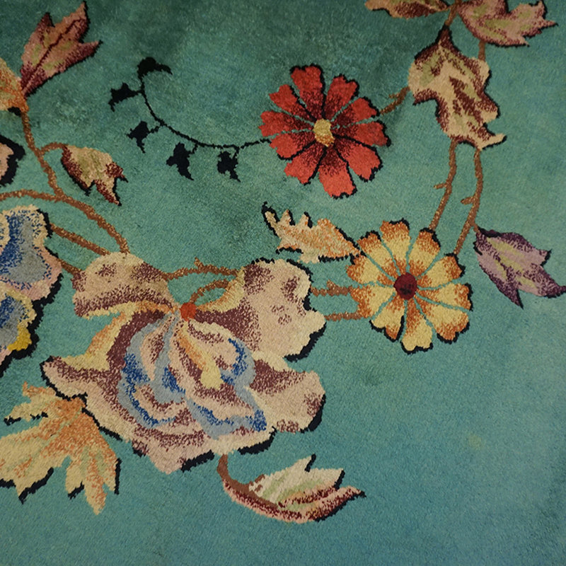 Minimalist Open Solid Turquoise Color Field Antique Room Size Floral Chinese Art Deco Rug