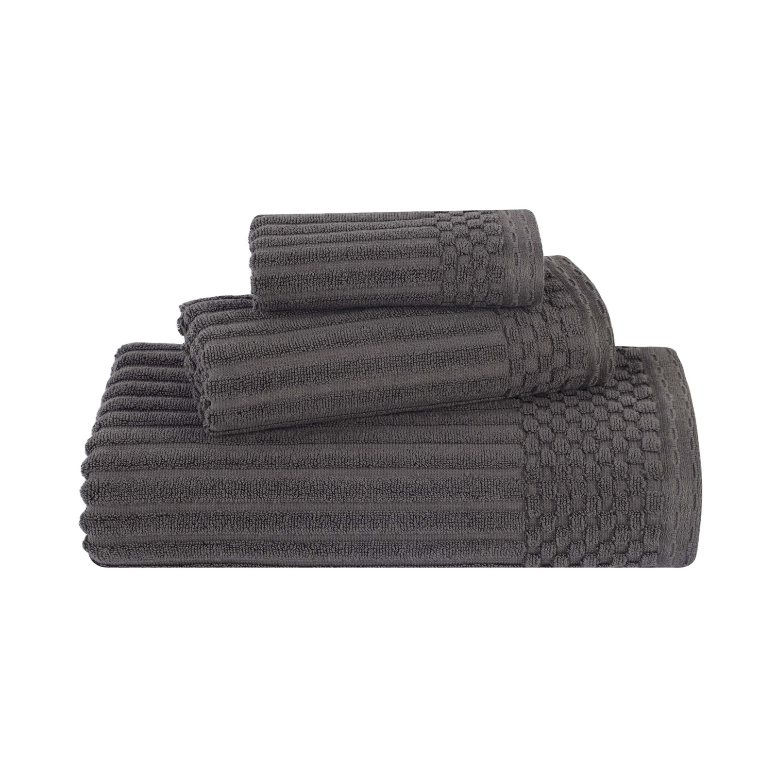 8-Piece Checkered Border Cotton Towel Set, Dark Gray, 3 Piece Towel set (1-bath, 1-hand, 1-face)