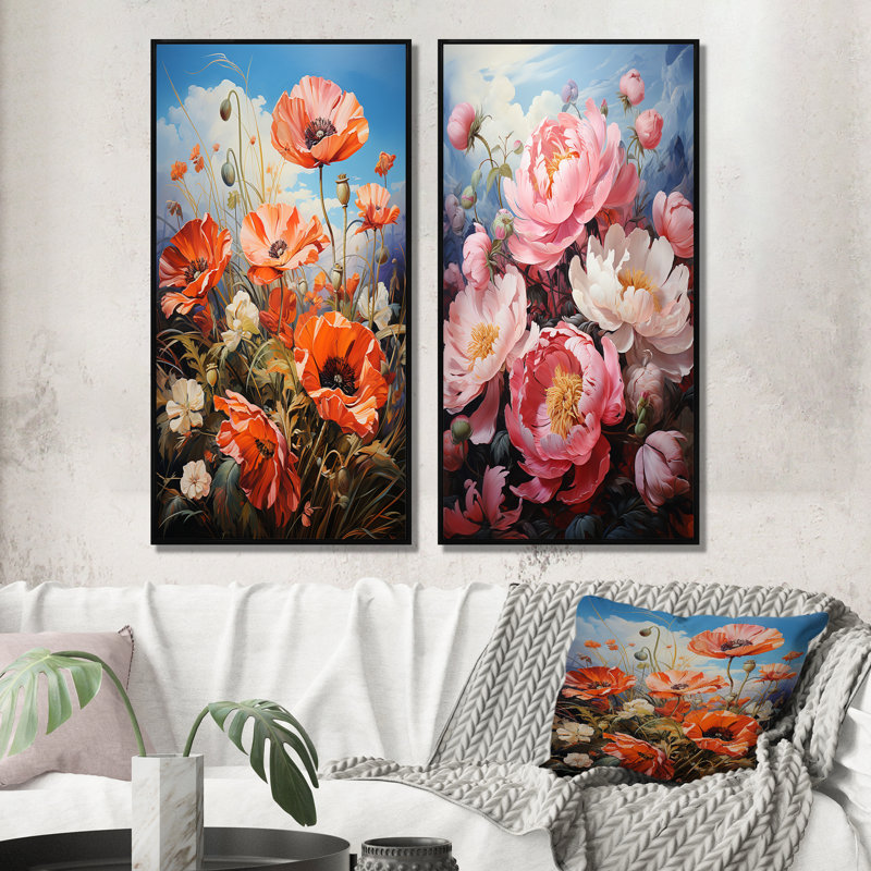 «Meadow Poppy Peony Paradise» 2 - pièces sur, Cadre noir, H 40 po x l 40 po