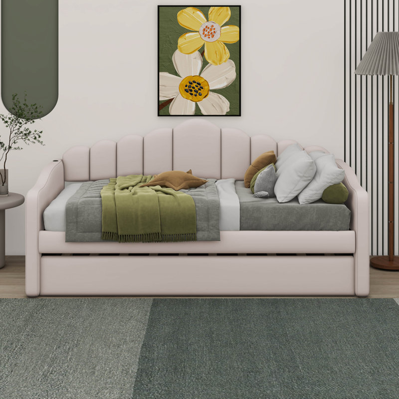Izzibella Upholstered Velvet Daybed with Trundle Bed, Beige
