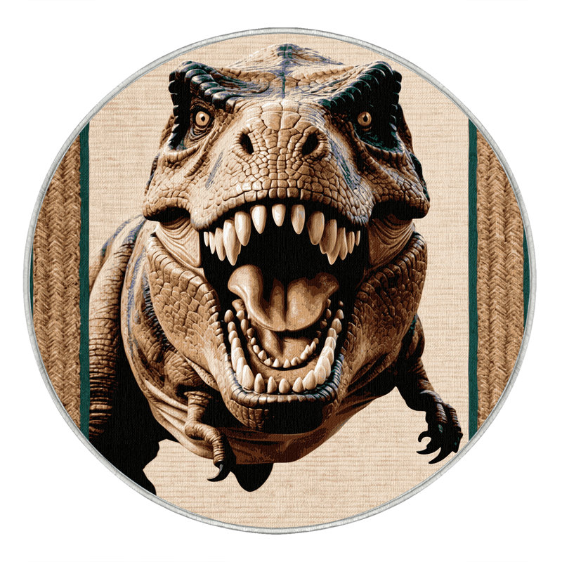 Tapis beige dinosaures lavable à la machine, Rond 8 pi