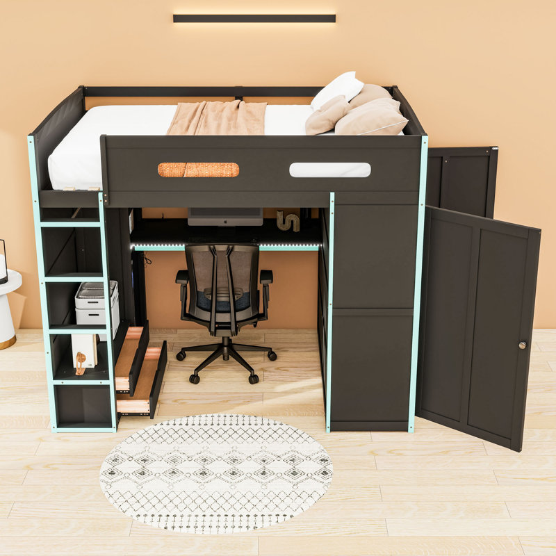 Full Size Gamer Loft Bed With Desk, RGB Lighting And USB,Drawers, Cloud Blue