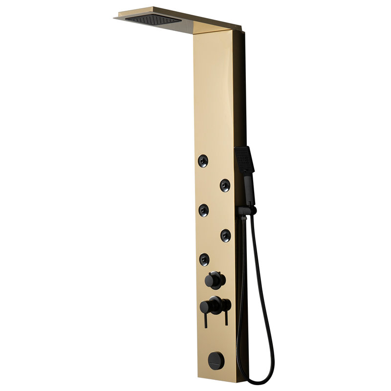 4-way Diverter Shower Tower Panel System with Fixed Shower Head, Black Gold
