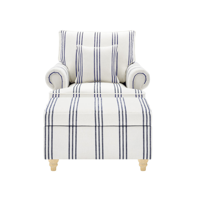 Mercury Rolled Arm Skirted Swivel Chairs With Storage Ottoman, Navy Striped