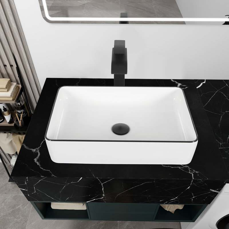 Ensemble de vidange évier rectangulaire en céramique blanche avec rebord noir minimaliste et robinet noir
