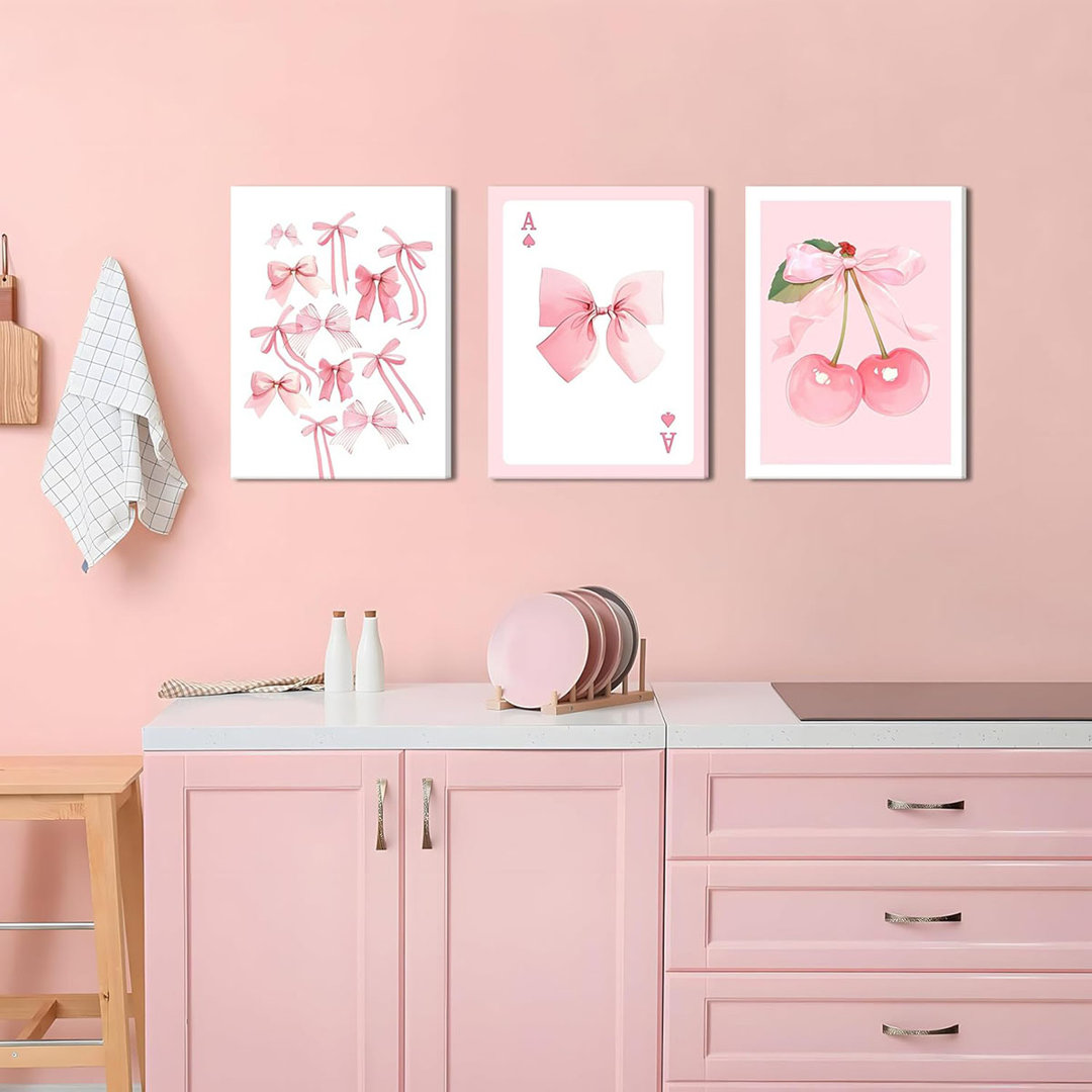 Trendy Pink Bows Canvas Wall Art Set Of 3, Vintage Preppy Cherry Posters Prints, Pink Girly Room Aesthetic Wall Decor Painting For College Apartment L