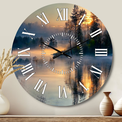 Morning Fog Over The Lake Sunset II - Landscape Lake White Face Wall Clock