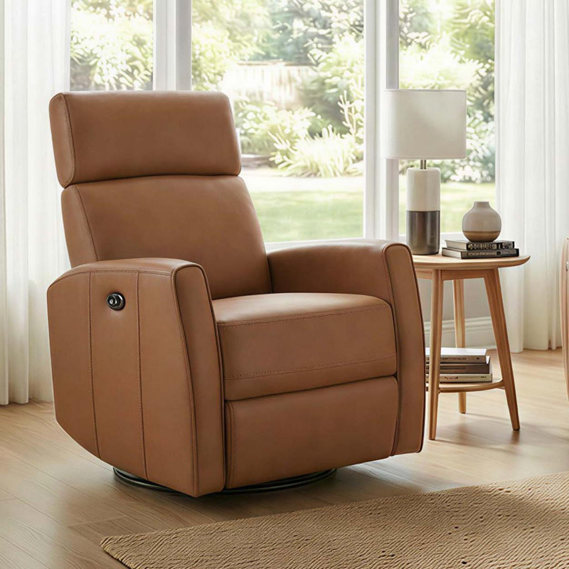 Fauteuil inclinable et oscillant pivotant en cuir véritable de qualité supérieure avec accoudoirs doubles, Aline noyer cendré