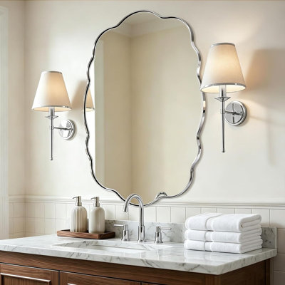 Contemporary Wavy Oval Scalloped Bathroom Vanity Mirror | Stainless Steel Frame