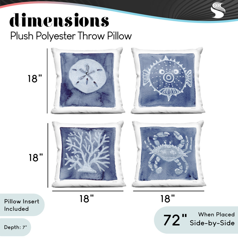 Ensemble de 4 coussins décoratifs à imprimé de créatures aquatiques sur indigo, design par Patti Bishop