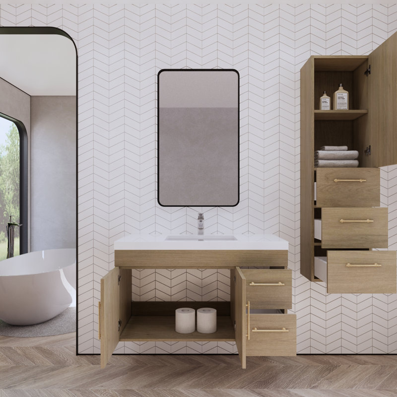 Doddridge 41.9'' Single Bathroom Vanity with Acrylic Top, White Oak