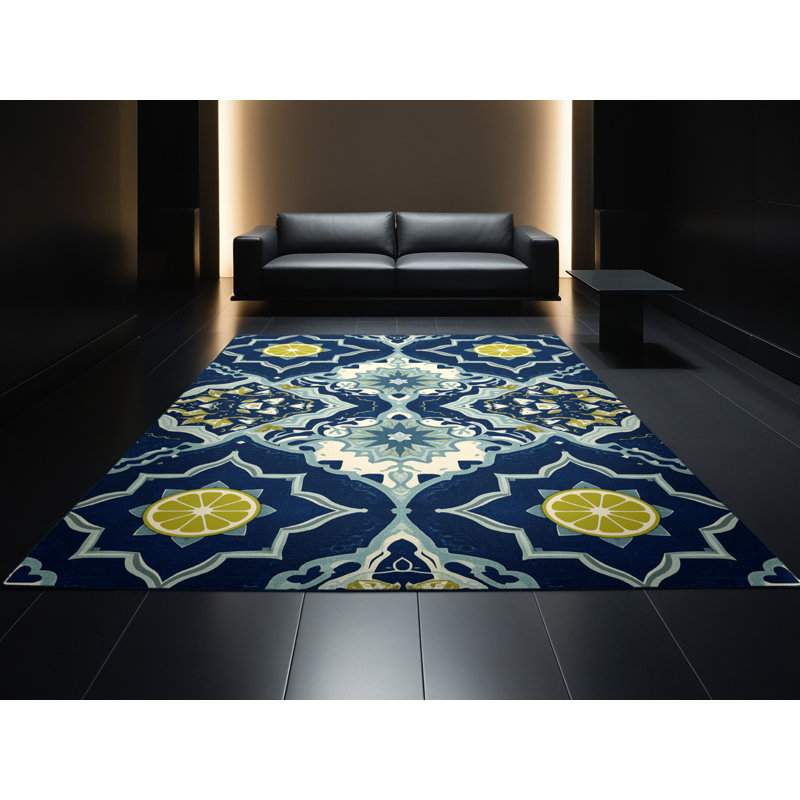 Tapis marocain doux et moelleux d'inspiration mondiale Grasmere Ceviche - reliure bleu marine, 7 x 10