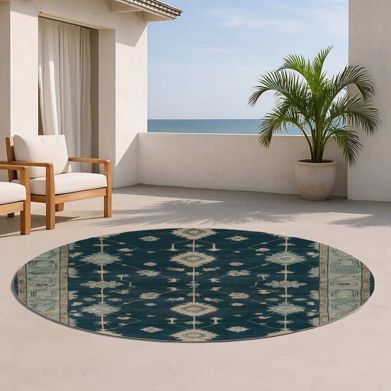 Overdyed Blue Indoor and Outdoor Area Rug, Round 5'