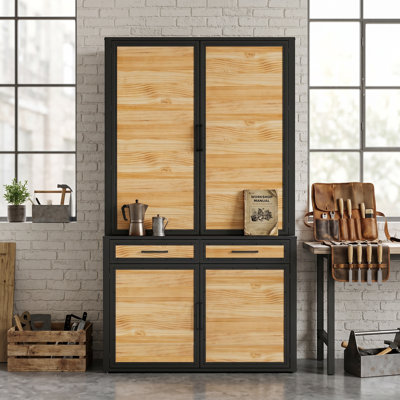 Armoire de rangement industrielle 82,7 po avec portes, rangement en métal noir et bois de pin avec tiroirs et ensemble anti-basculement