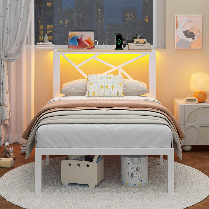 Metal Platform Bed Frame with RGB LED Lights, Storage Headboard with Charging Station, Heavy Duty Steel Slat Support, No Box Spring Needed, Under Bed Storage Space, Twin Size