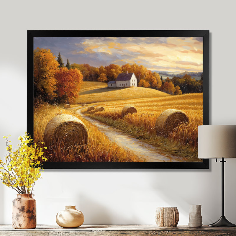 «Countryside Golden Harvest Fields IV - Art mural campagne pour le salon, H 16 po x l 32 po, Cadre photo noir